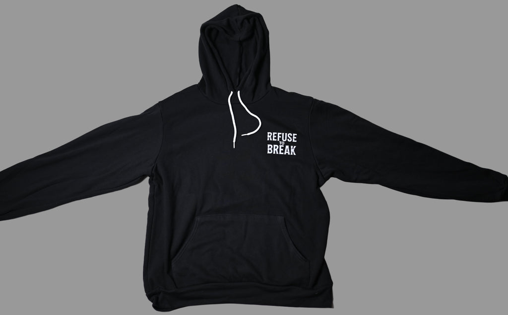 Black hoodie with 'Refuse Break' text on a white background