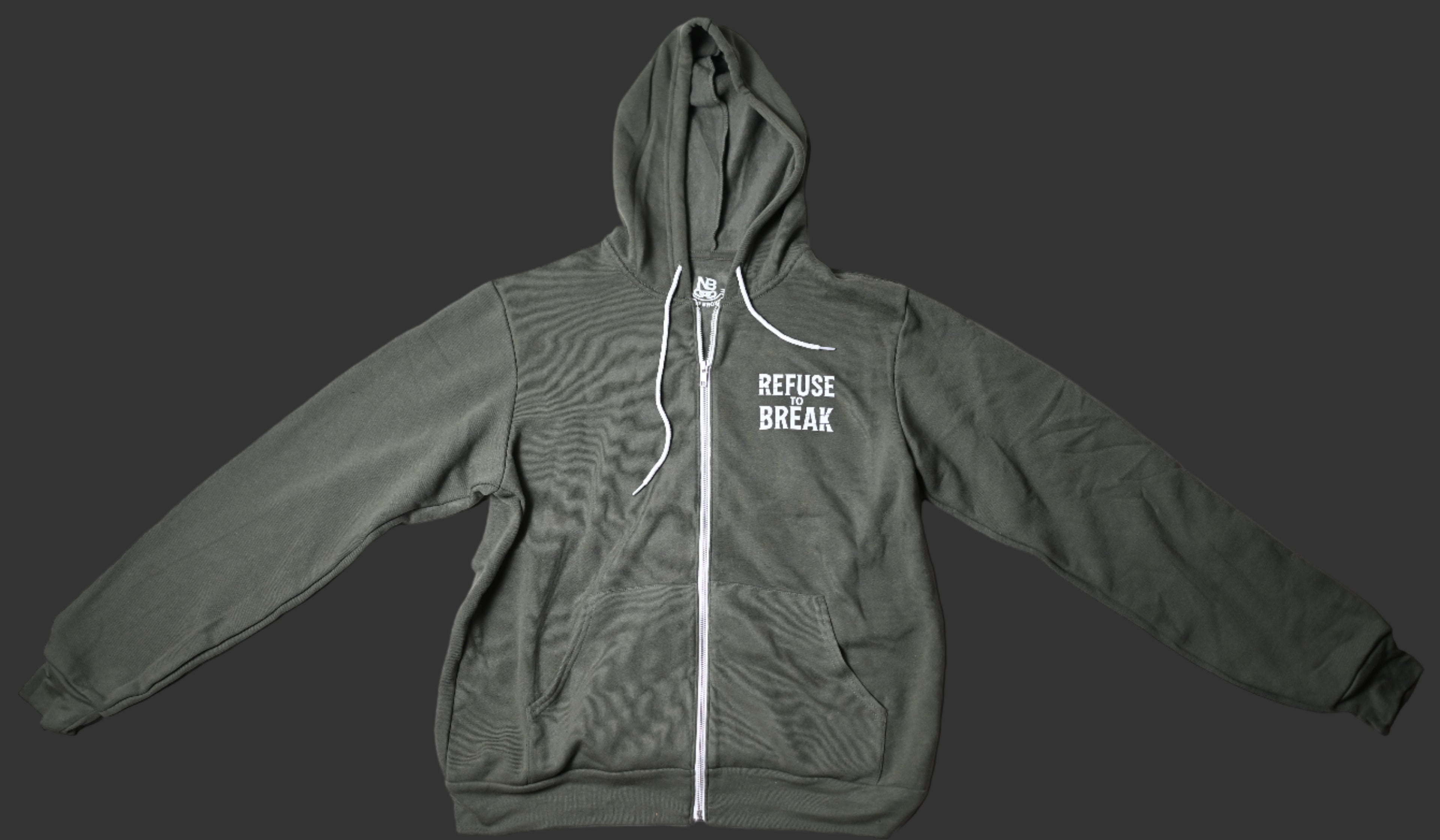 Green hoodie with 'Refuse Break' text on a white background