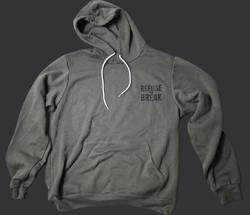Green hoodie with 'Refuse to Break' text on a white background