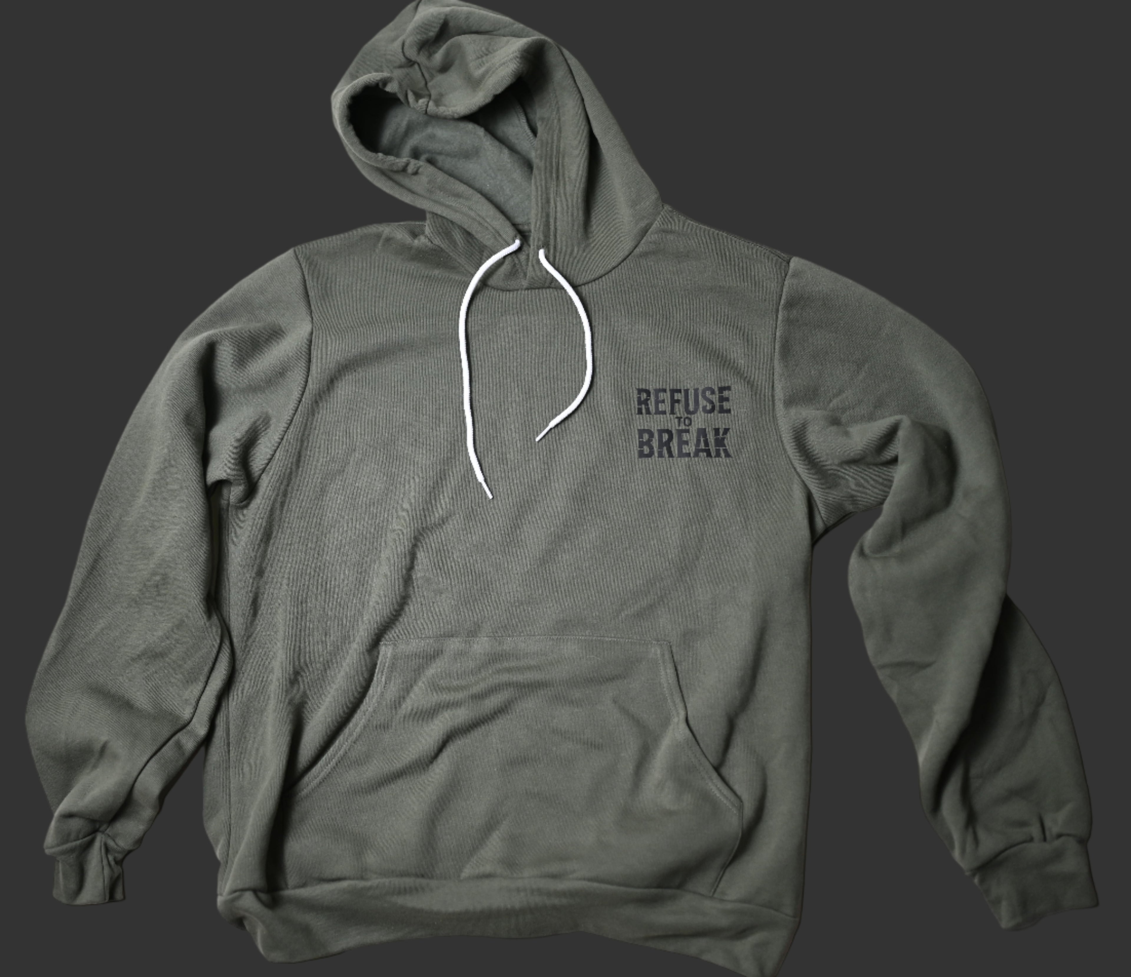 Green hoodie with 'Refuse to Break' text on a white background