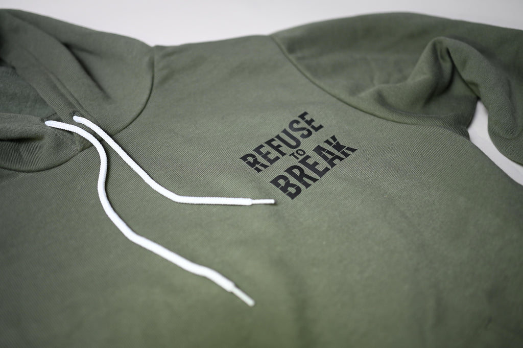 Green hoodie with 'Refuse to Break' text on a white background