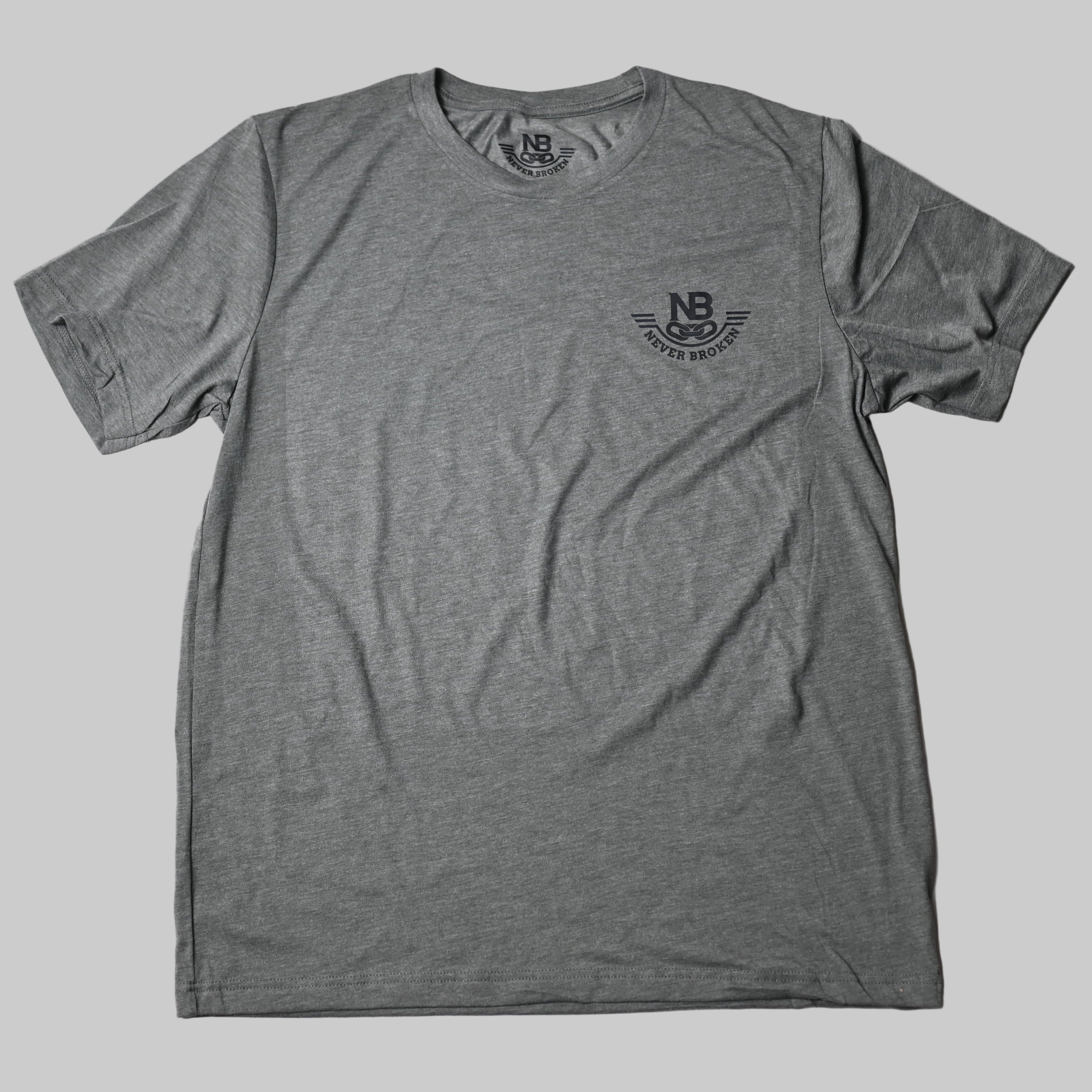 Gray t-shirt with a small logo on a white background