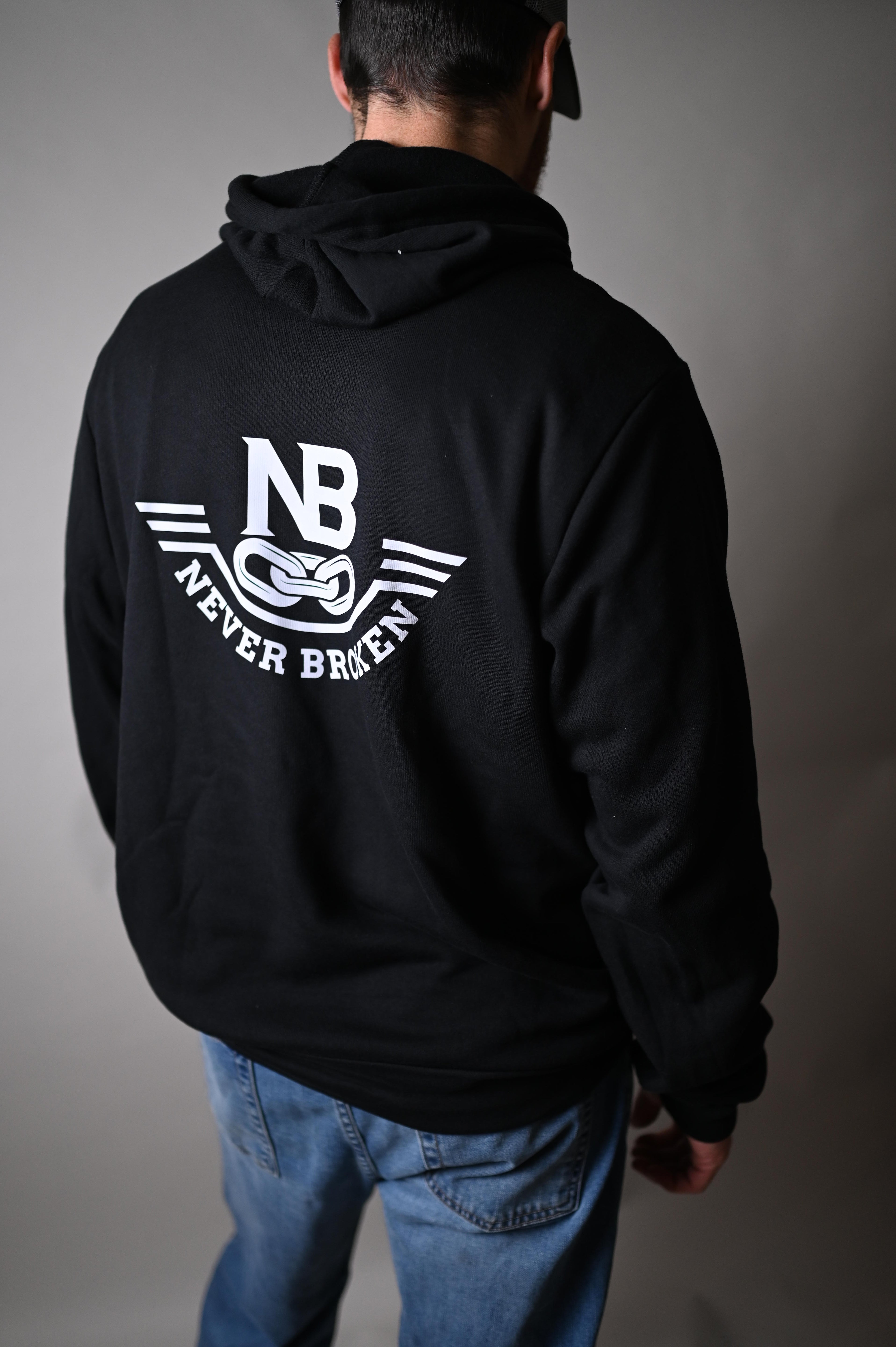 Person wearing a black hoodie with a white logo on a gray background